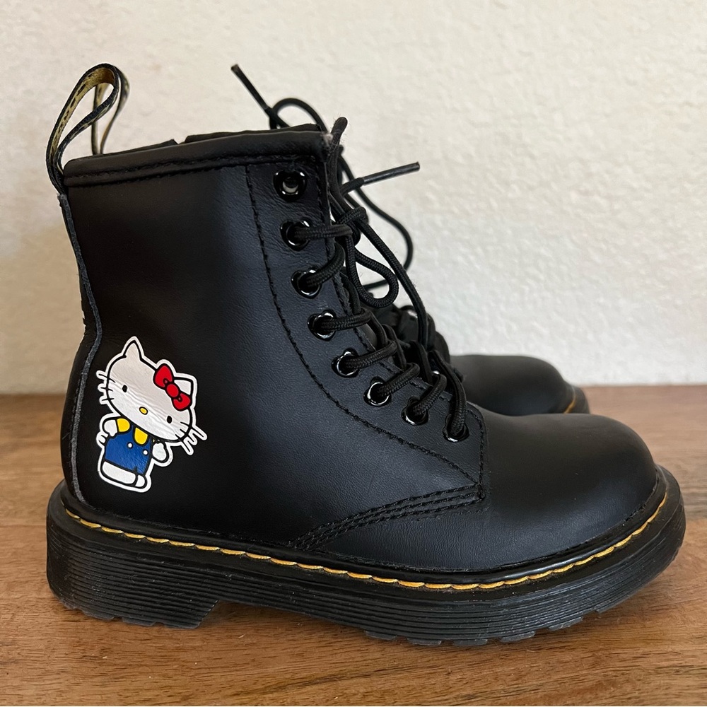 Dr. Martens Kids Black Leather Boots with Hello Kitty Patch